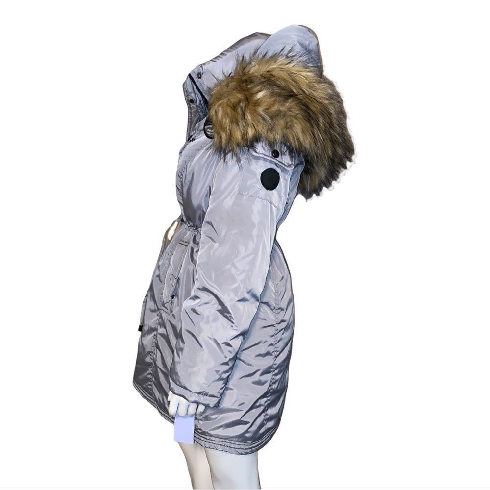Madden Girl Juniors Silver Grey Faux Fur Trim Hooded Anorak Parka Coat Med NWT - Picture 4 of 9